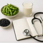 신선한 콩과 의학용 청진기, 수첩이 놓인 테이블을 통해 뇌 건강과 콩의 관계를 나타낸 이미지입니다.