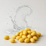 신장 보호와 체내 노폐물 배출을 상징하는 투명한 물과 깨끗하고 신선한 대두가 함께 놓인 모습입니다.