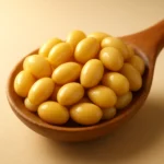 부드러운 빛을 받는 둥글고 윤기 나는 신선한 콩들이 나무 숟가락에 담겨 있는 모습입니다.