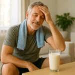 햇살이 비치는 거실에서 스트레칭을 마친 후 두유 한 잔을 마시며 여유를 즐기는 건강한 중장년의 모습