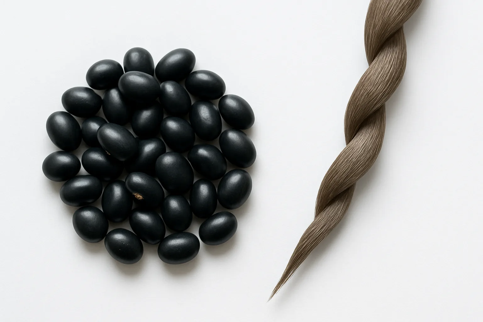 윤기 나는 검은콩과 튼튼한 모발의 구조를 나란히 배치하여 영양학적 관계를 보여줍니다.