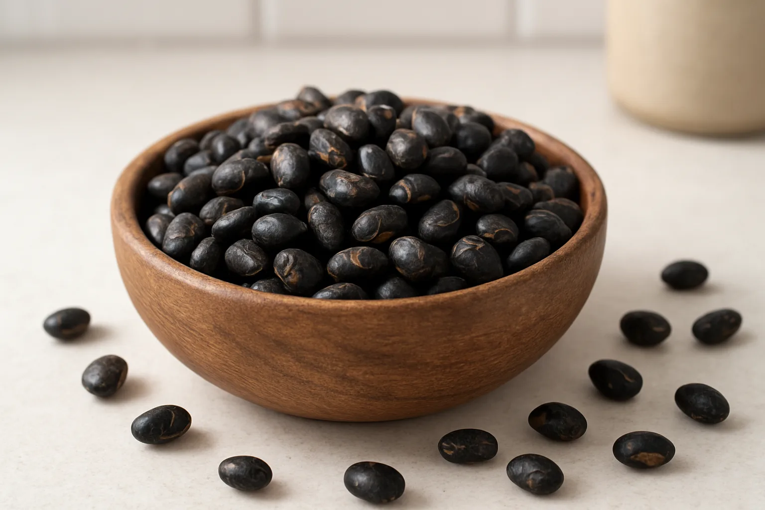 다이어트 식단에 활용되는 볶은 검은콩의 영양학적 가치를 보여주는 정물입니다.