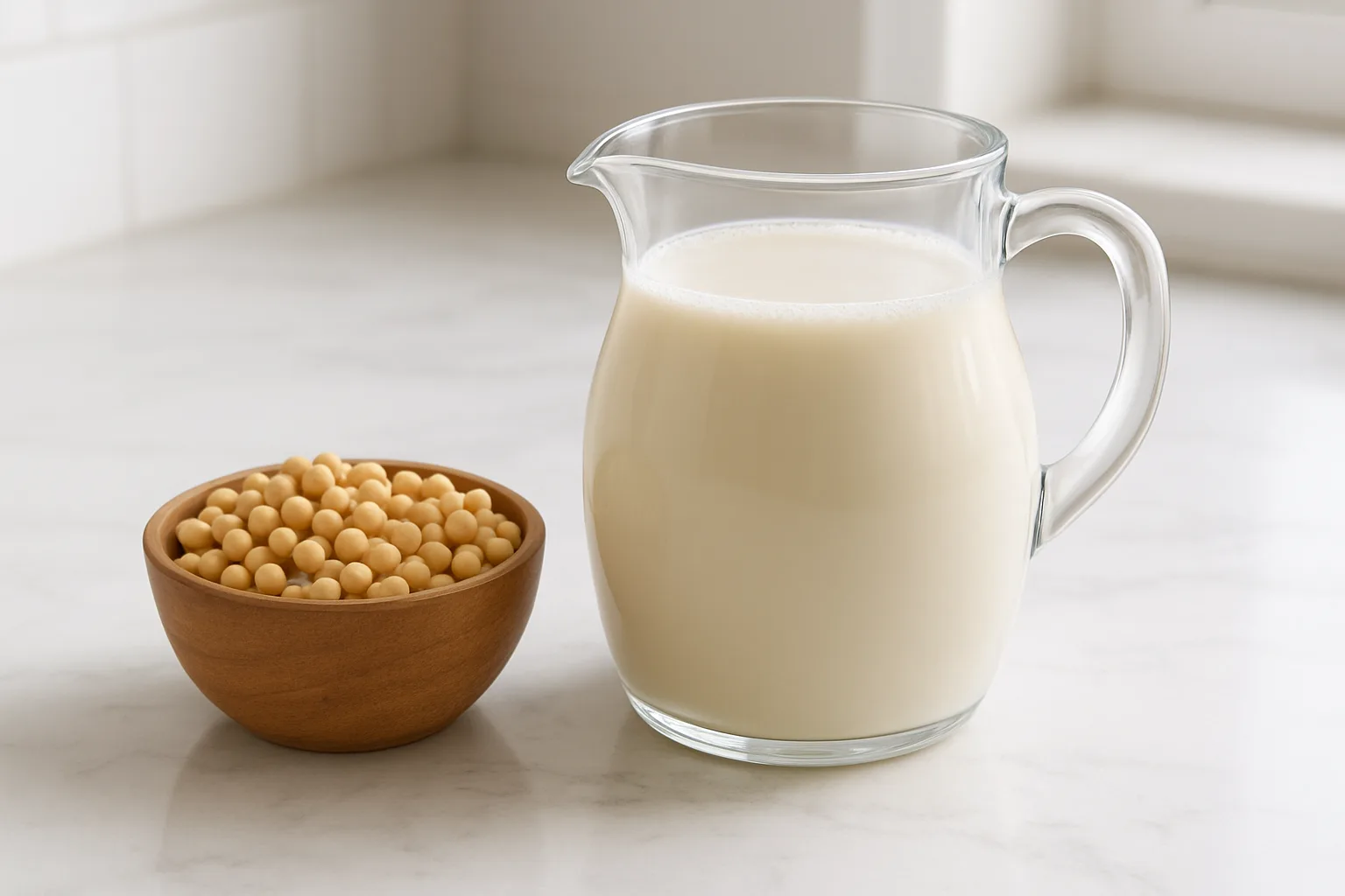 첨가물 없이 순수한 콩으로 만들어진 깨끗한 수제 두유와 신선한 콩의 모습입니다.