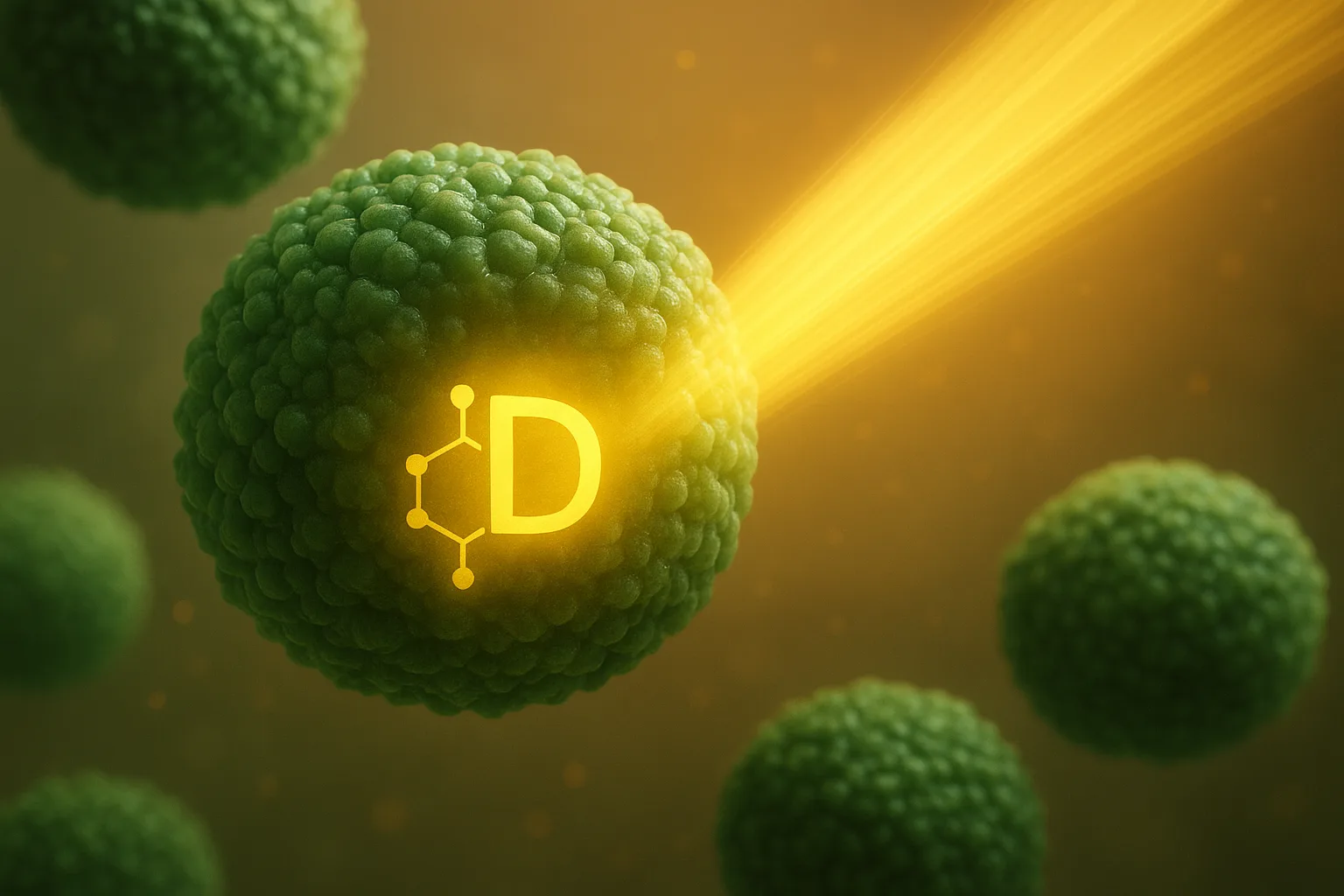 단백질 분자와 햇빛 에너지가 결합하여 체내로 흡수되는 과정을 표현한 과학적 이미지입니다.