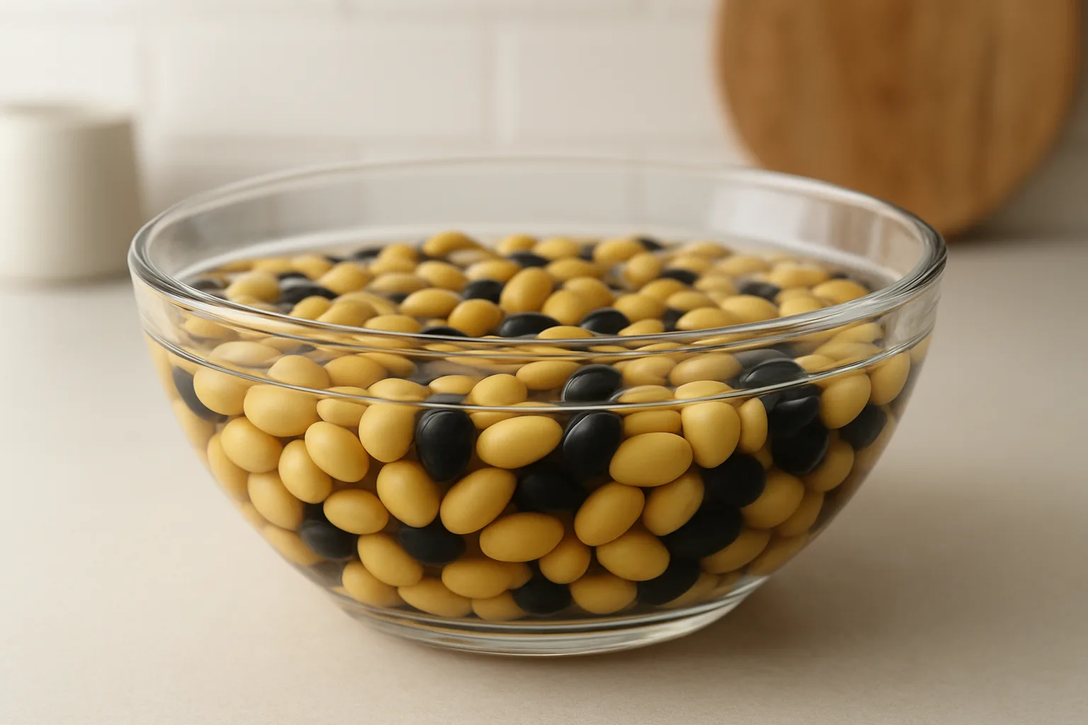 투명한 유리 볼에 담긴 콩에서 수용성 영양소가 맑은 물로 우러나는 모습.