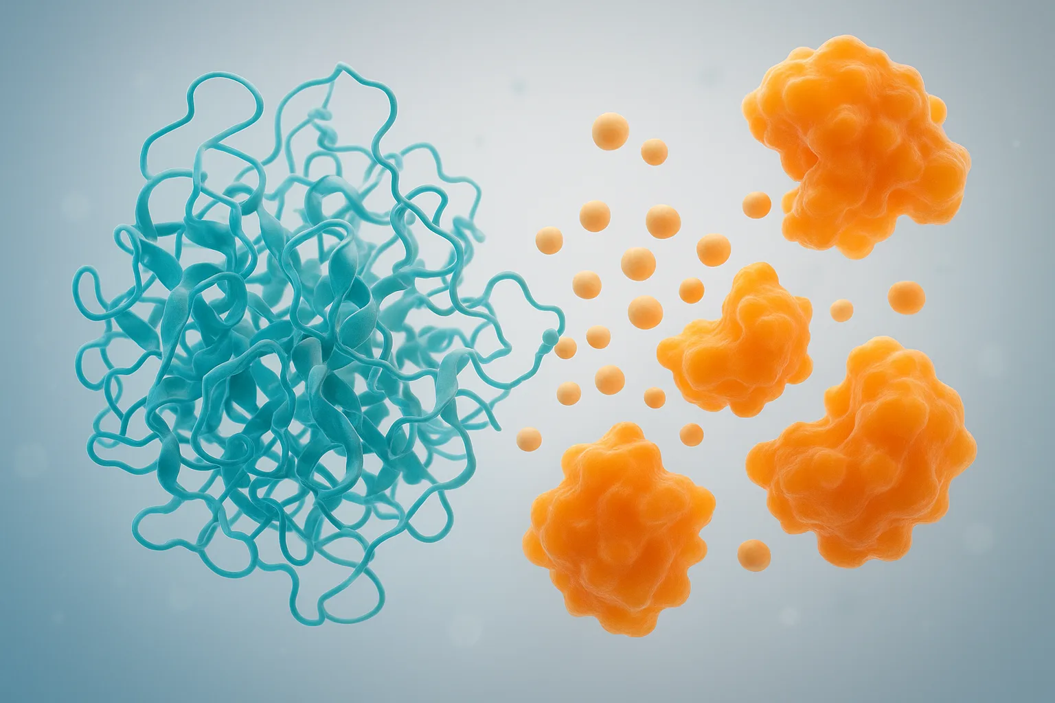 단백질 소화 효소의 활동을 묘사한 과학적 개념 이미지입니다.