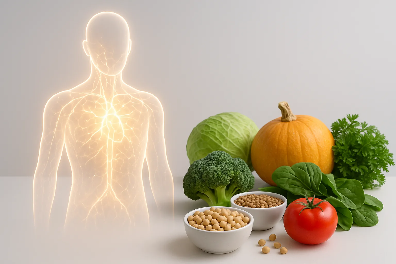만성 염증 관리를 돕는 건강한 식단과 체내 면역 균형을 상징적으로 표현한 모습입니다.
