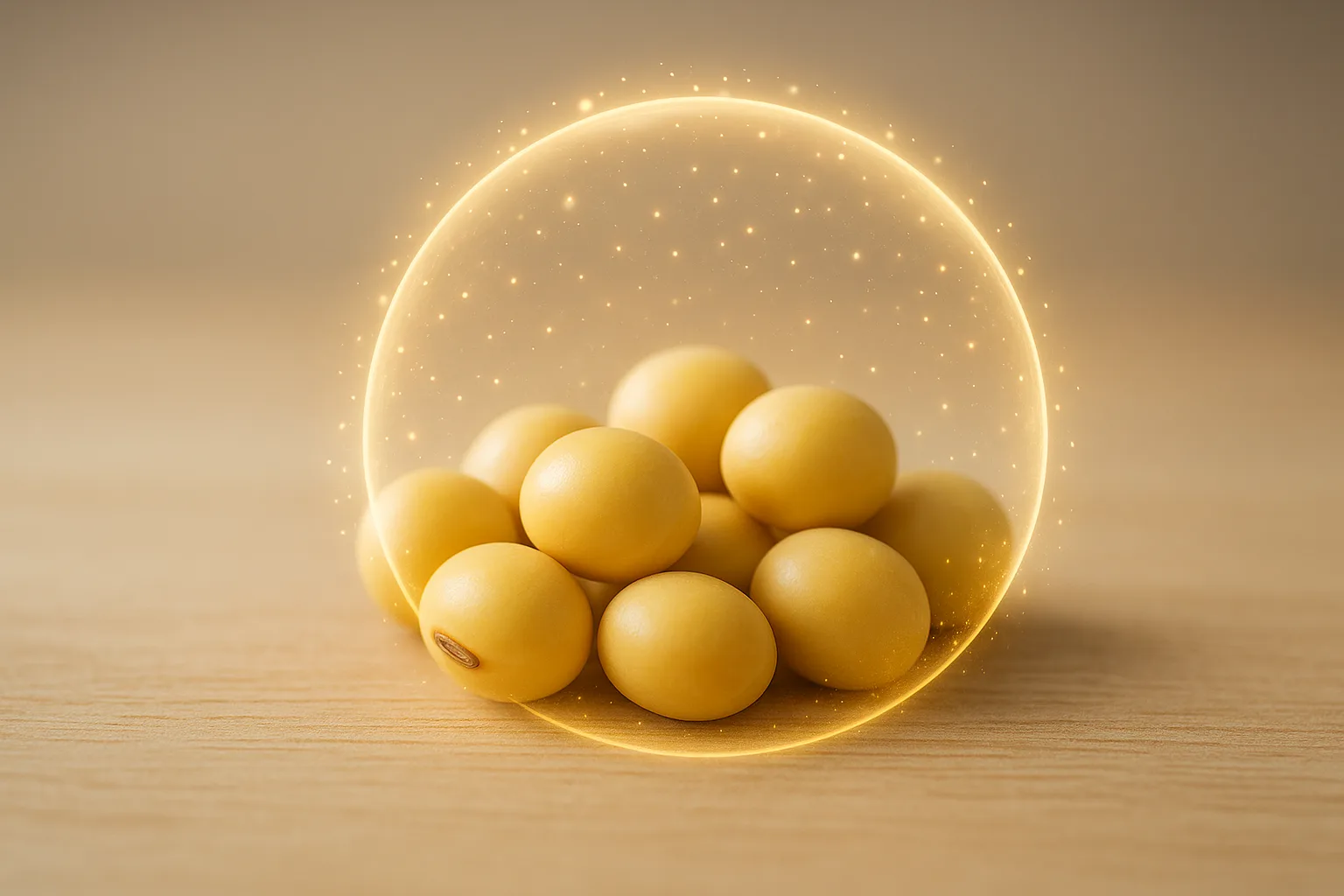 신선한 대두 주변을 감싸는 밝은 빛과 보호막을 통해 항산화 성분을 시각화한 모습입니다.