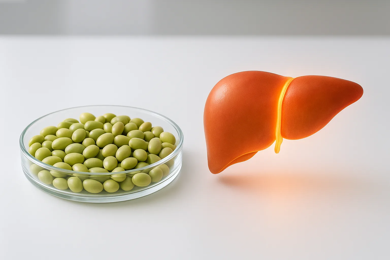 신선한 콩과 맑은 물이 담긴 유리잔이 놓인 실험실 테이블에서 미네랄의 영양학적 구조를 보여주는 모습입니다.