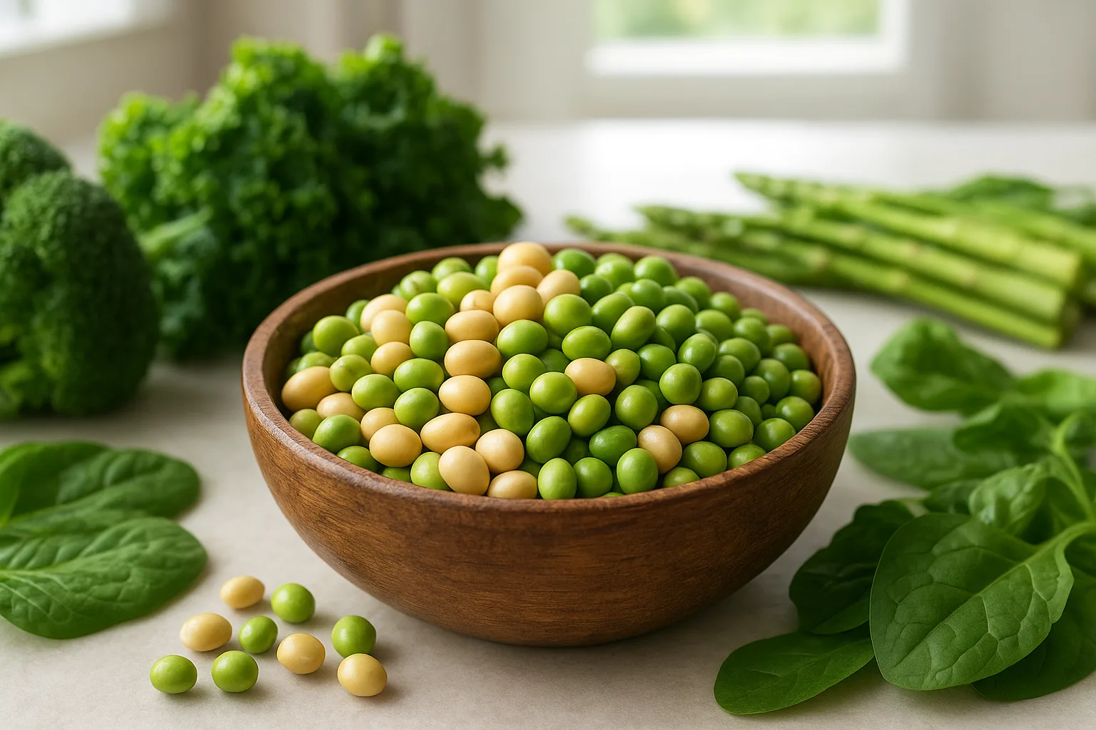 신선한 콩과 다양한 채소가 나무 그릇에 담겨 있어 균형 잡힌 영양소의 모습을 보여줍니다.
