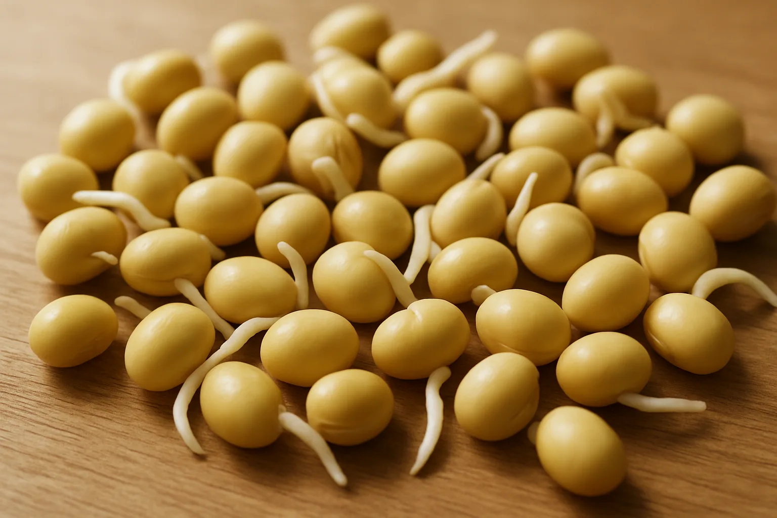 물을 머금고 싹이 1에서 2밀리미터 정도 트기 시작하는 신선한 발아 대두의 모습.