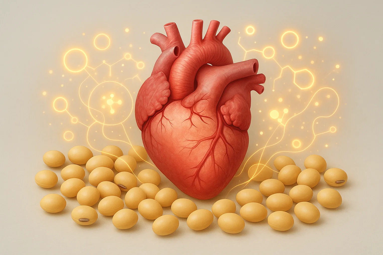 콩의 이소플라본 성분이 심장과 혈관 건강에 도움을 주는 과정을 보여주는 개념 이미지입니다.