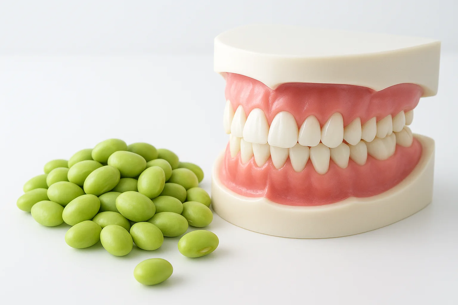 콩의 핵심 성분인 이소플라본이 잇몸 염증 완화에 도움을 주는 개념을 보여주는 모습입니다.