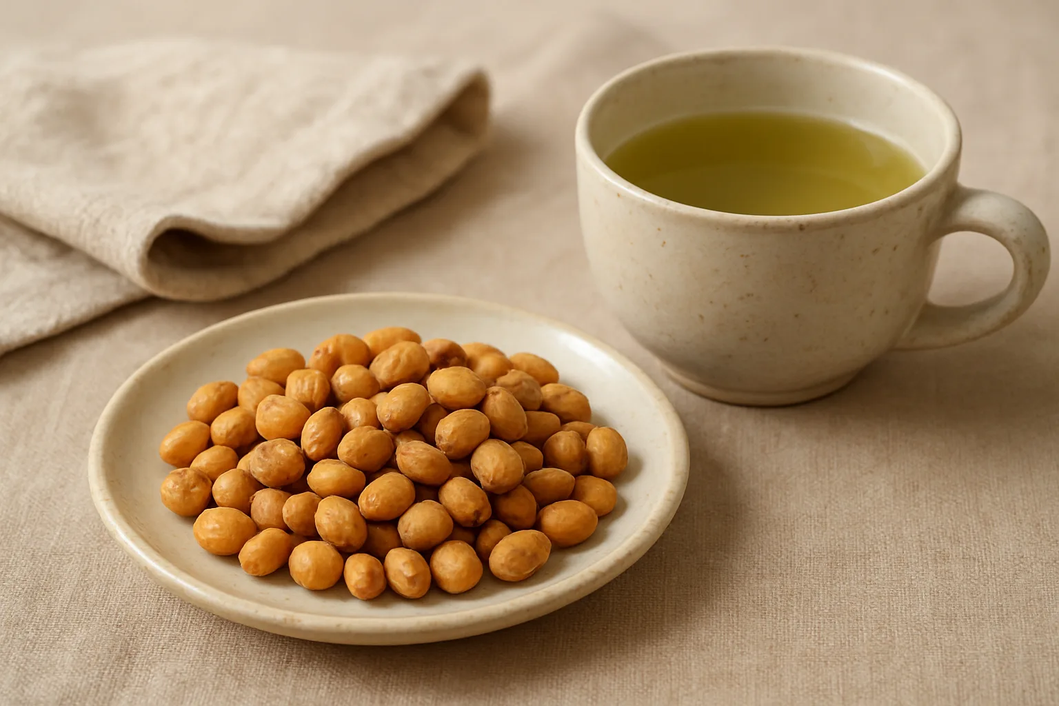 따뜻한 차 한 잔과 함께 작은 도자기 접시에 담겨 있는 바삭한 볶은 콩의 모습입니다.