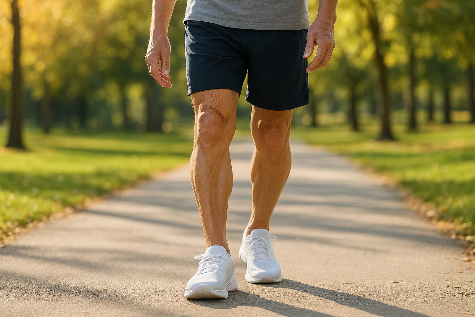공원 산책로를 활기차게 걷고 있는 시니어의 튼튼한 하체 근력을 보여주는 모습입니다.