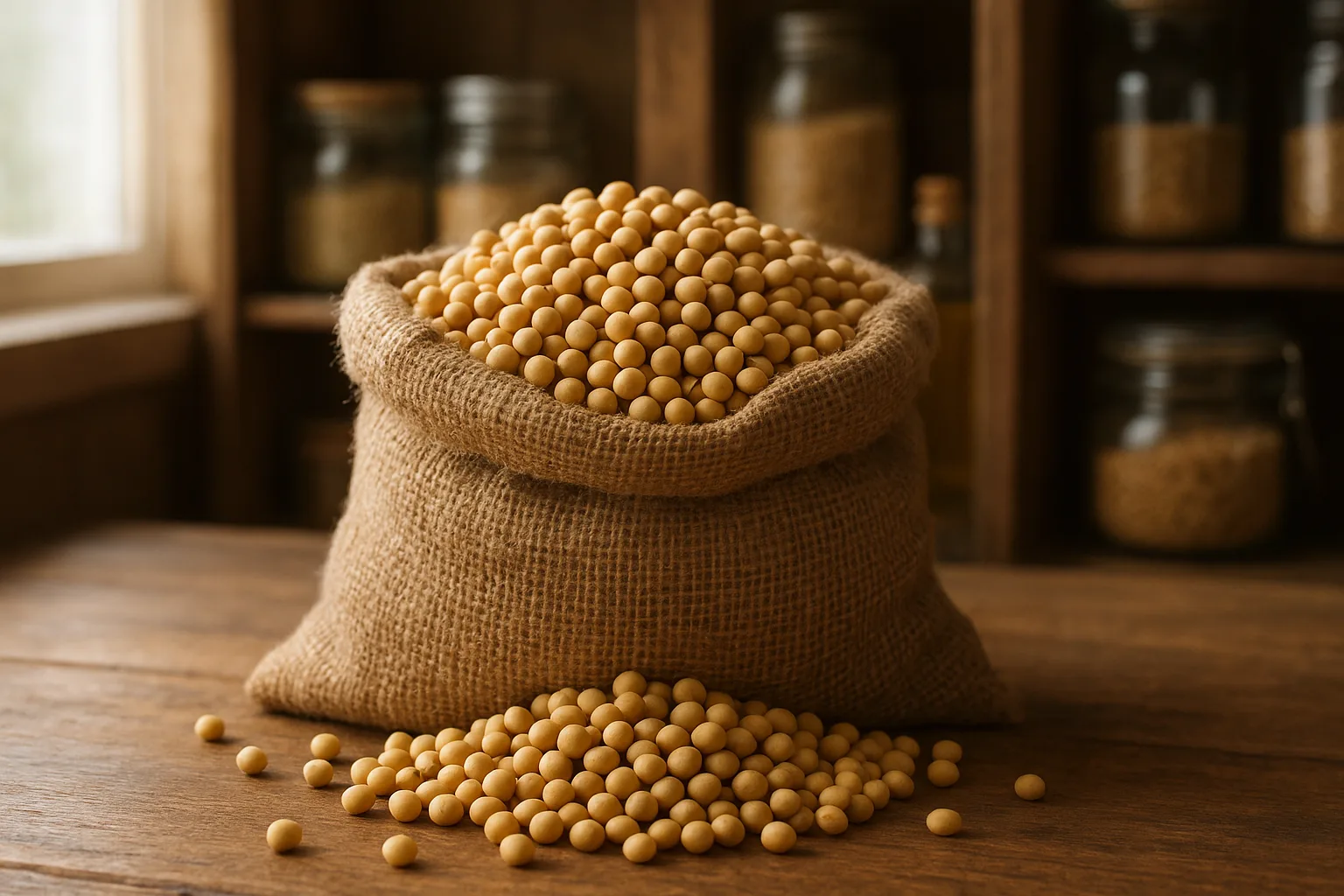 밝은 식료품 저장실에 놓인 큰 자루에 신선한 콩이 가득 담겨 있는 모습입니다.