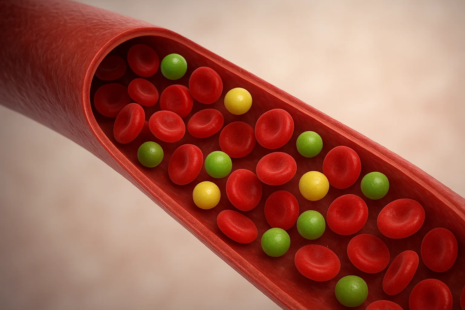 혈관 내부의 깨끗한 혈류와 콩의 식물성 성분이 어우러져 건강한 상태를 유지하는 모습을 표현한 입체 그래픽