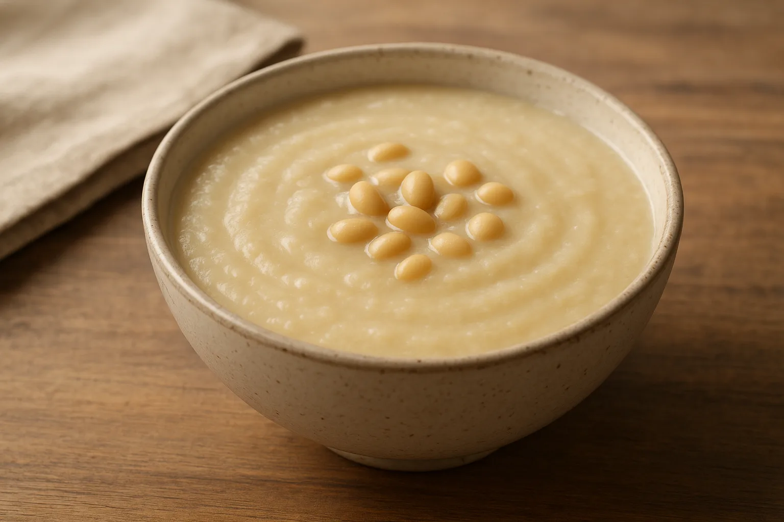 따뜻하고 부드러운 질감의 콩죽이 정갈하게 담긴 상차림입니다.