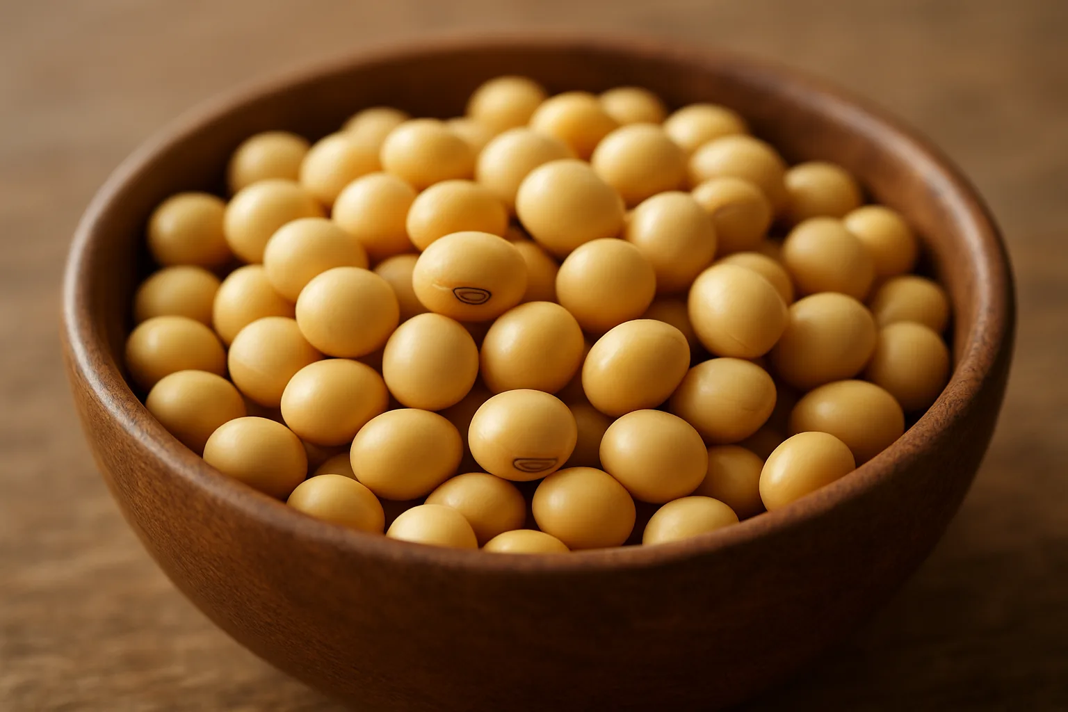 신선하고 깨끗한 노란 콩이 자연광 아래 놓여 있는 영양학적 모습입니다.