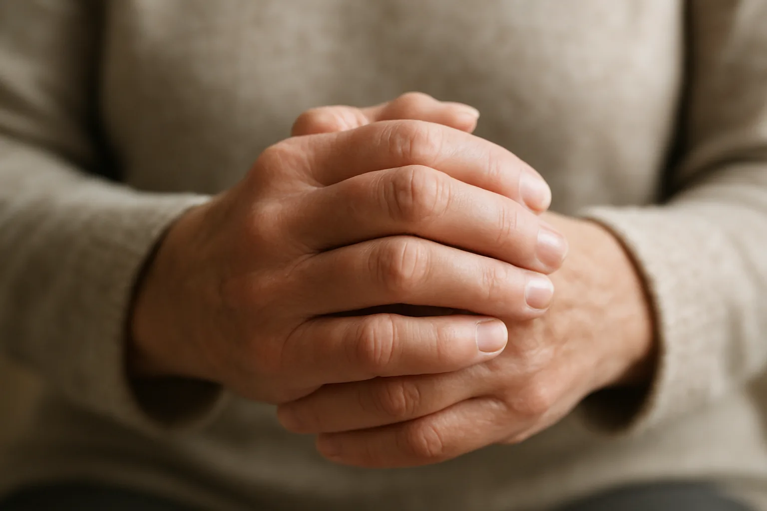 혈액순환 저하로 인해 손을 마주 잡고 있는 중년의 손을 부드러운 조명으로 표현했습니다.