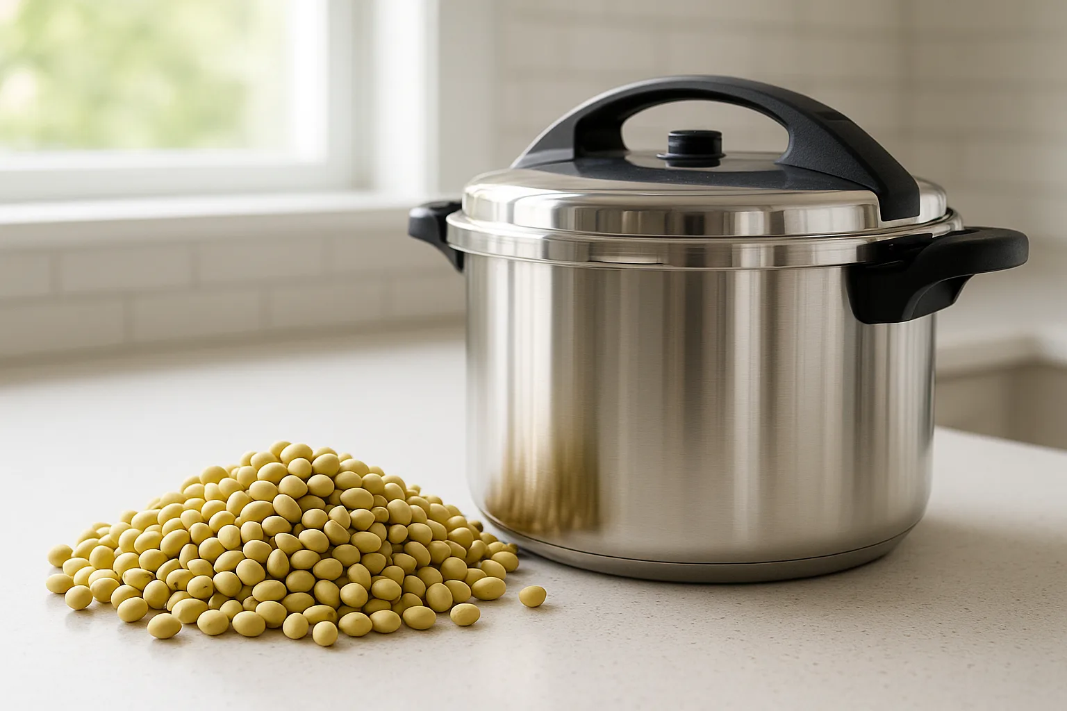 조리대 위에 놓인 스테인리스 압력솥과 신선한 대두가 조화를 이루는 모습입니다.