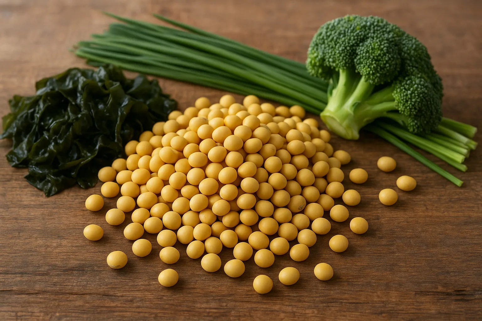 신선한 콩과 다양한 채소가 나무 식탁 위에 정갈하게 놓여 있는 모습입니다.