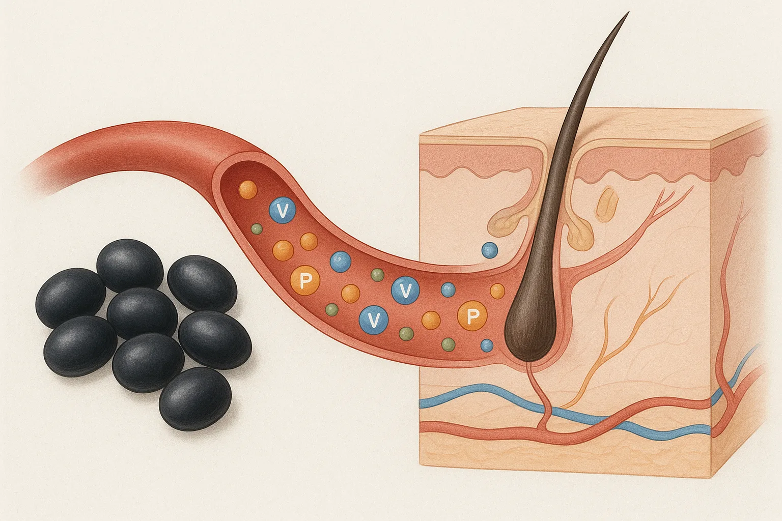 혈관을 통해 콩의 영양분이 두피의 모낭 세포로 전달되어 흡수되는 과학적인 과정을 보여줍니다.