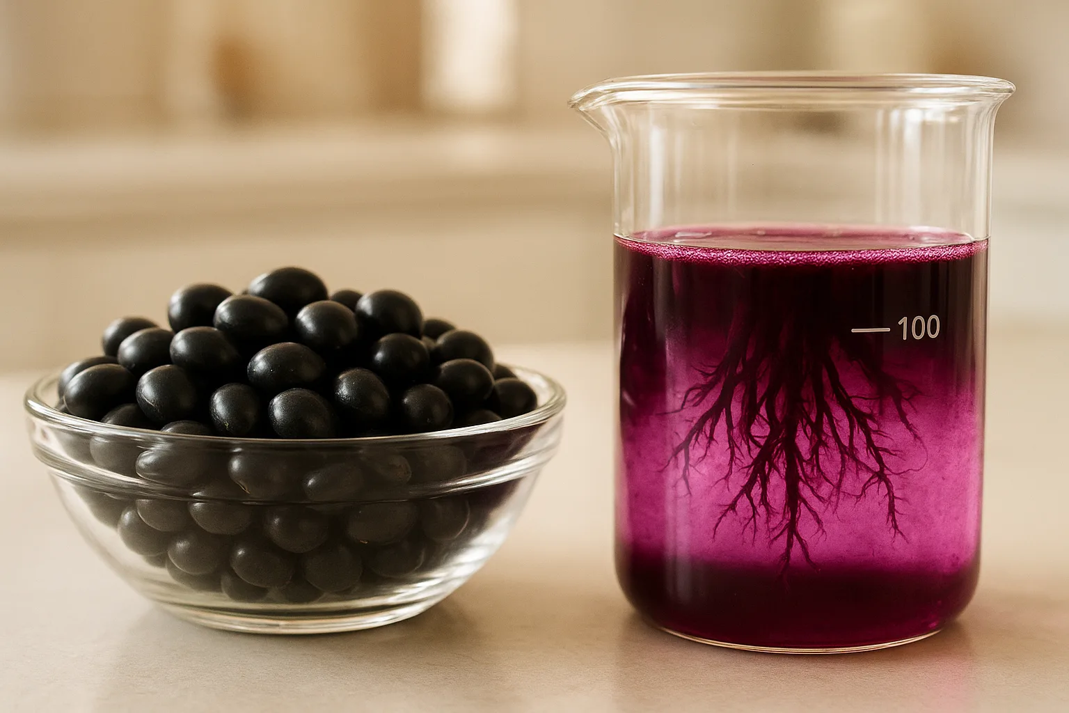 검은콩에서 안토시아닌 색소가 추출되어 수용성으로 퍼지는 과정을 담은 사실적인 사진입니다.