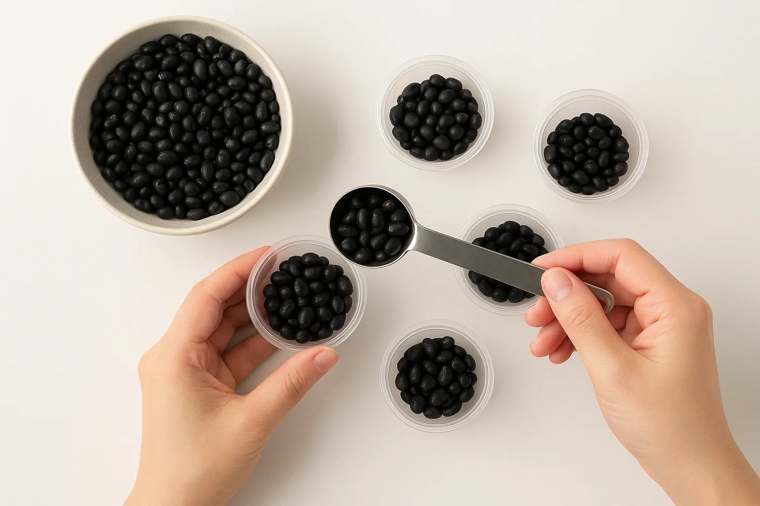 볶은 검은콩의 하루 적정 섭취량을 개량 스푼으로 안전하게 측정하는 모습입니다.