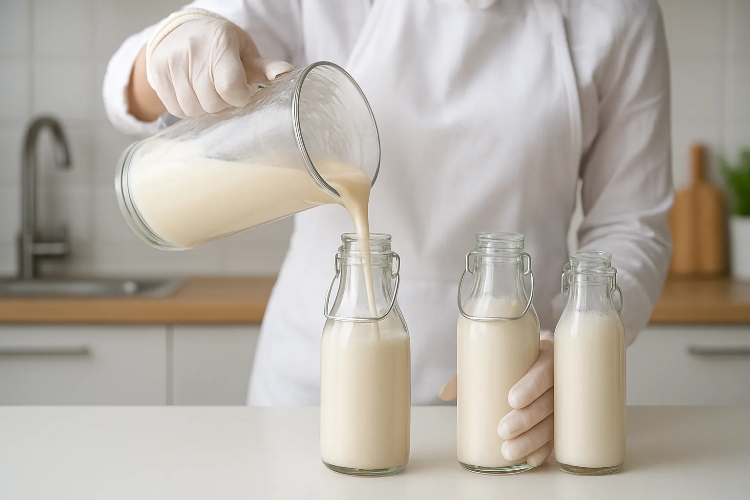 완성된 두유를 열탕 소독된 투명한 유리병에 담아 밀폐하며 보관을 준비하는 과정입니다.