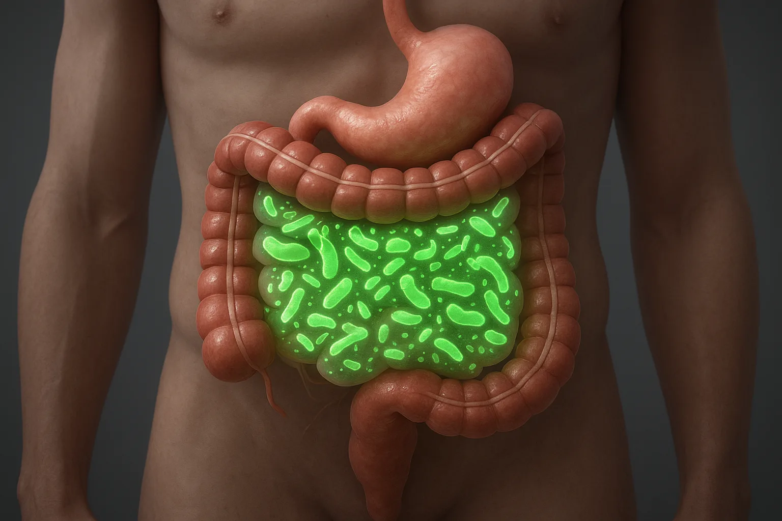 식이섬유가 장내 유익균과 상호작용하여 장 건강 생태계를 개선하는 소화 과정을 나타냅니다.