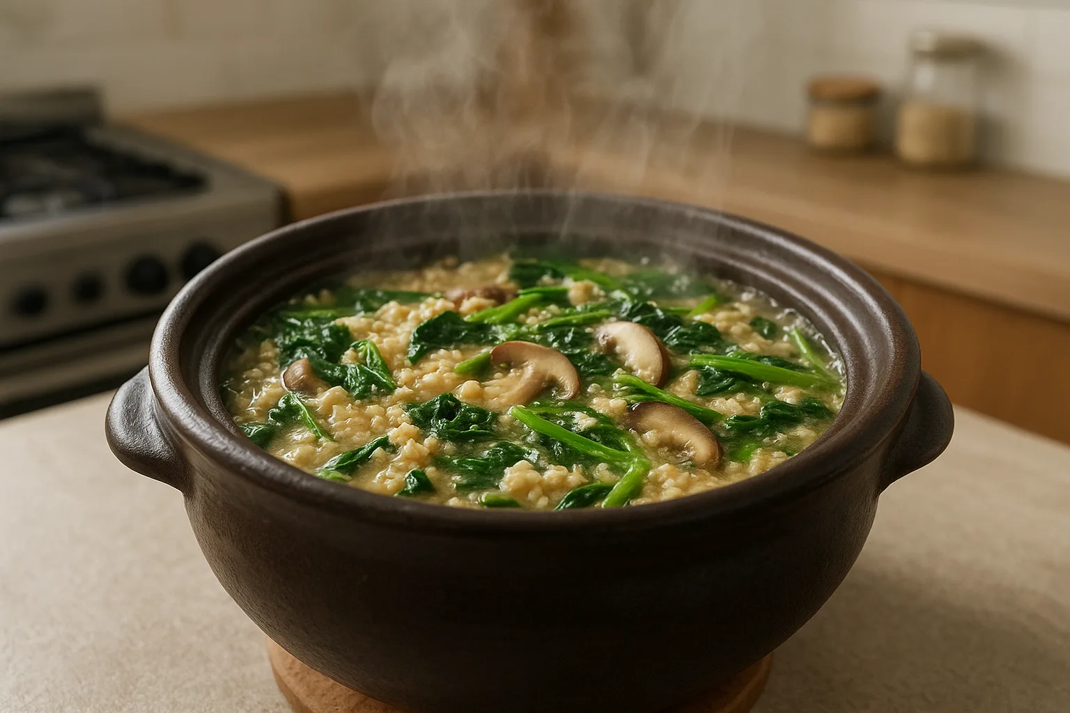 신선한 채소와 함께 끓여지고 있는 담백한 콩비지 찌개의 조리 과정입니다.