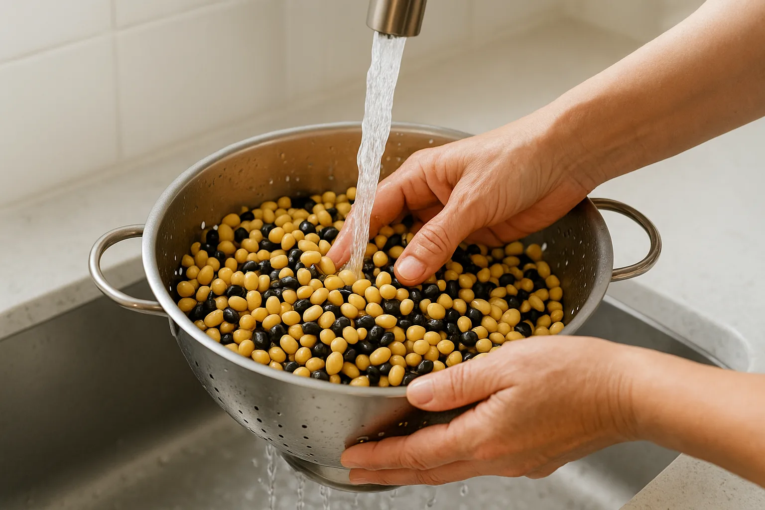 요리에 안전하게 사용하기 위해 흐르는 물에서 콩을 깨끗이 씻는 과정.