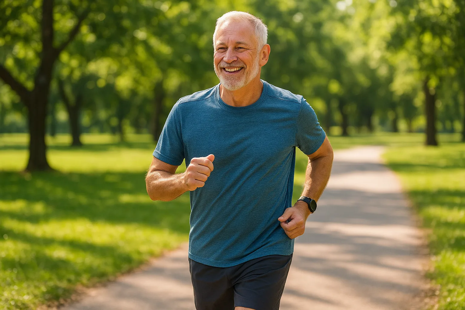 운동과 균형 잡힌 식단을 통해 건강한 활력을 유지하고 있는 50대 남성의 모습입니다.