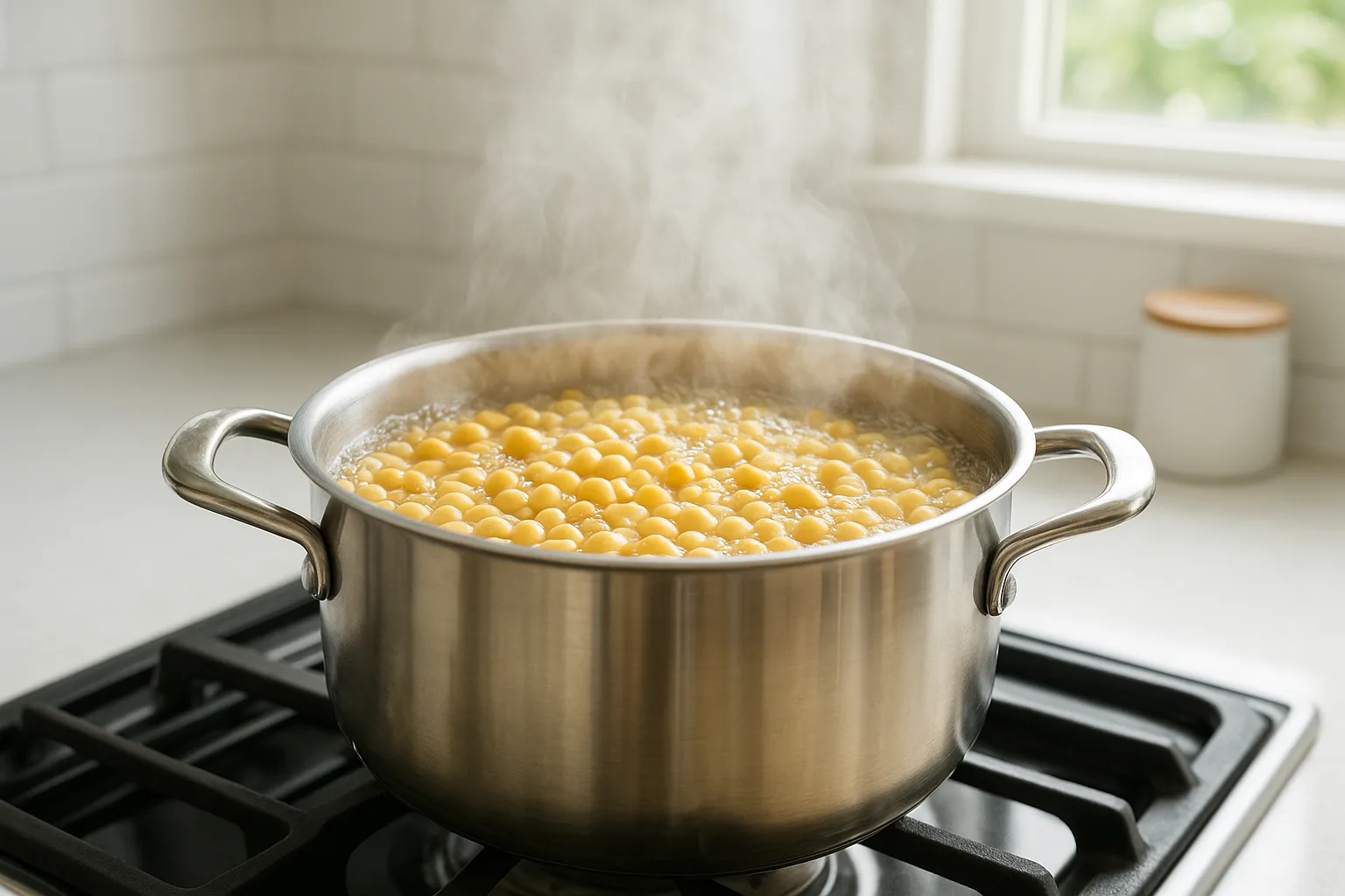 깨끗한 냄비에 콩을 넣고 물과 함께 끓이는 조리 과정입니다.