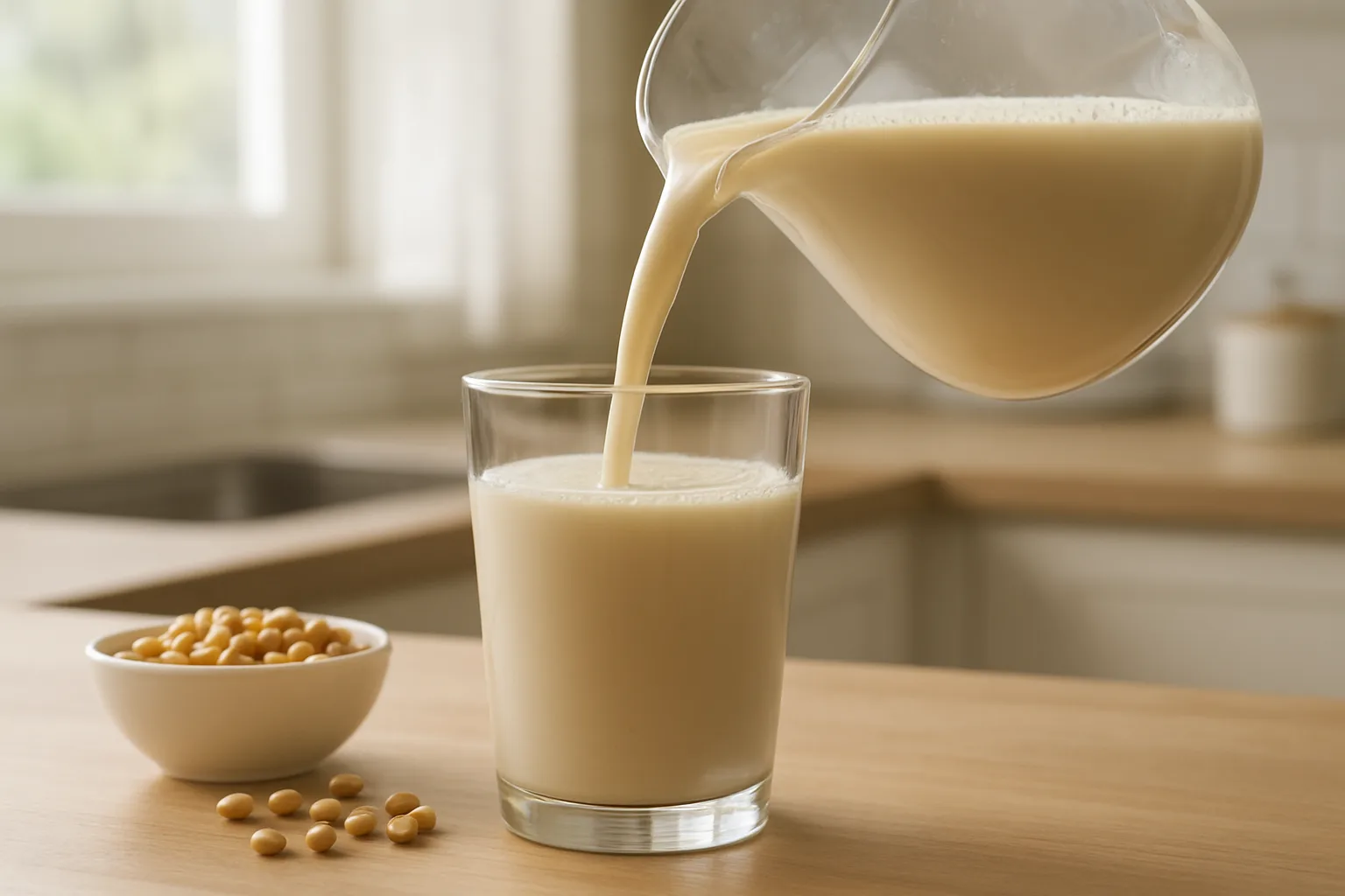 아침 햇살이 비치는 주방에서 미지근한 온도의 콩물을 투명한 유리잔에 따르는 모습입니다.