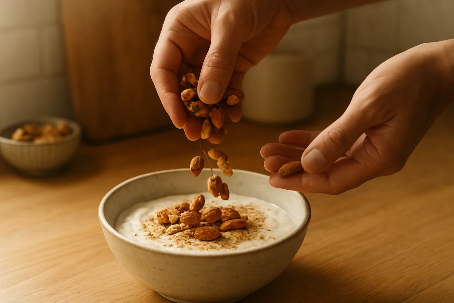 고소한 콩가루가 섞인 요거트 볼에 호두와 아몬드를 한 줌 올리고 있는 아침 식사 준비 과정입니다.
