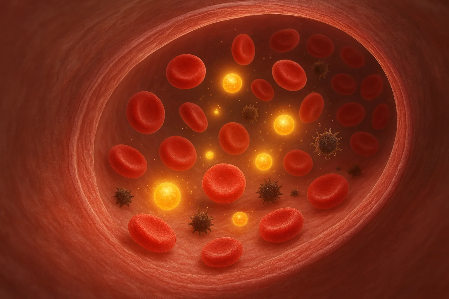 혈관 내에서 적혈구와 항산화 물질이 원활하게 흐르며 세포를 보호하는 과정을 보여주는 과학적 모식도입니다.