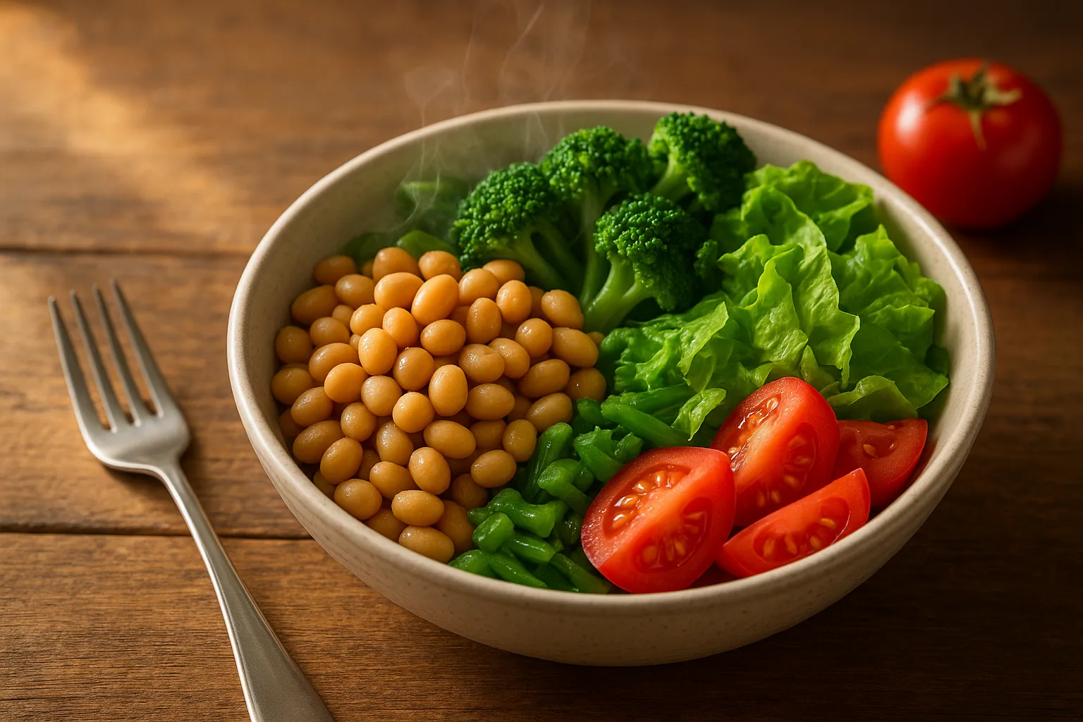 김이 모락모락 나는 삶은 콩과 다양한 신선한 녹황색 채소가 어우러진 건강한 식단이 원목 식탁 위에 차려져 있습니다.