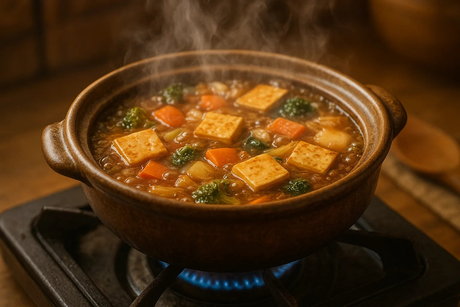 전통 뚝배기에서 두부와 신선한 채소가 어우러진 따뜻한 전골 요리가 끓고 있습니다.