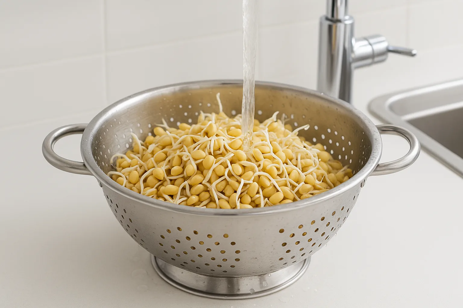 구멍이 뚫린 스테인리스 채반에서 깨끗한 물로 헹궈지고 있는 발아 대두.