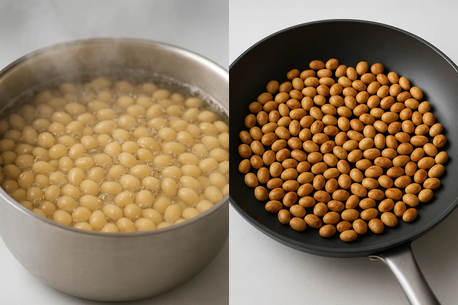 수분을 머금고 끓는 물에 삶아지는 콩과 고온의 팬 위에서 볶아지는 콩의 대조적인 과정입니다.
