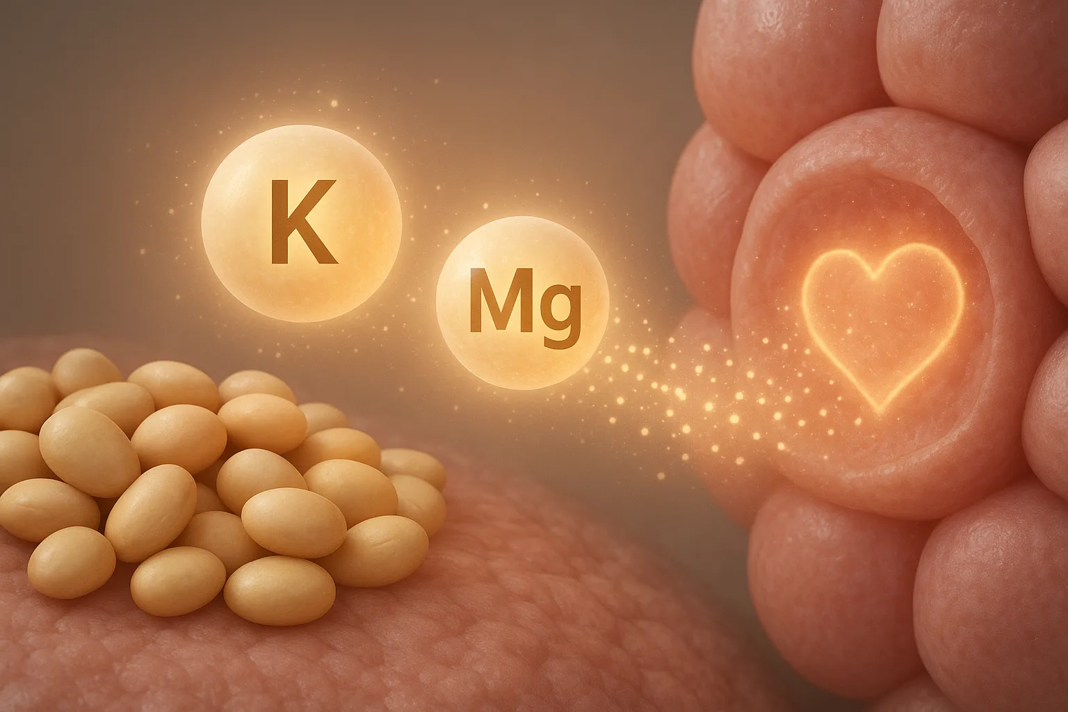 콩에 포함된 마그네슘과 칼륨이 심장 박동을 안정시키는 영양 흡수 과정을 나타낸 이미지입니다.