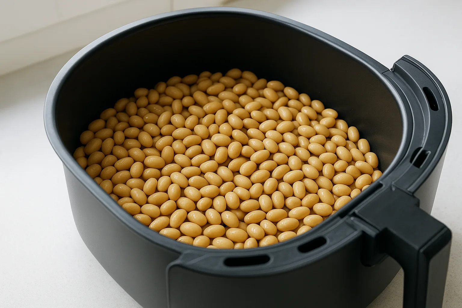 조리를 위해 에어프라이어 바스켓 안에 고르게 펼쳐진 불린 콩의 모습입니다.