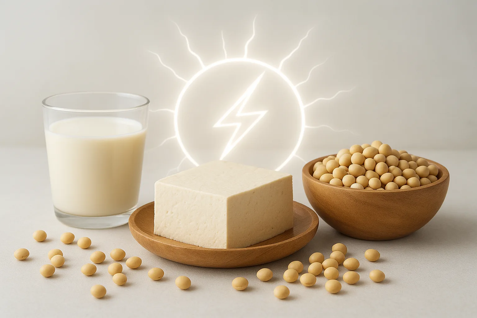 다양한 대두 식품과 함께 식물성 영양소가 신체 활력으로 이어지는 과정을 나타낸 모습입니다.