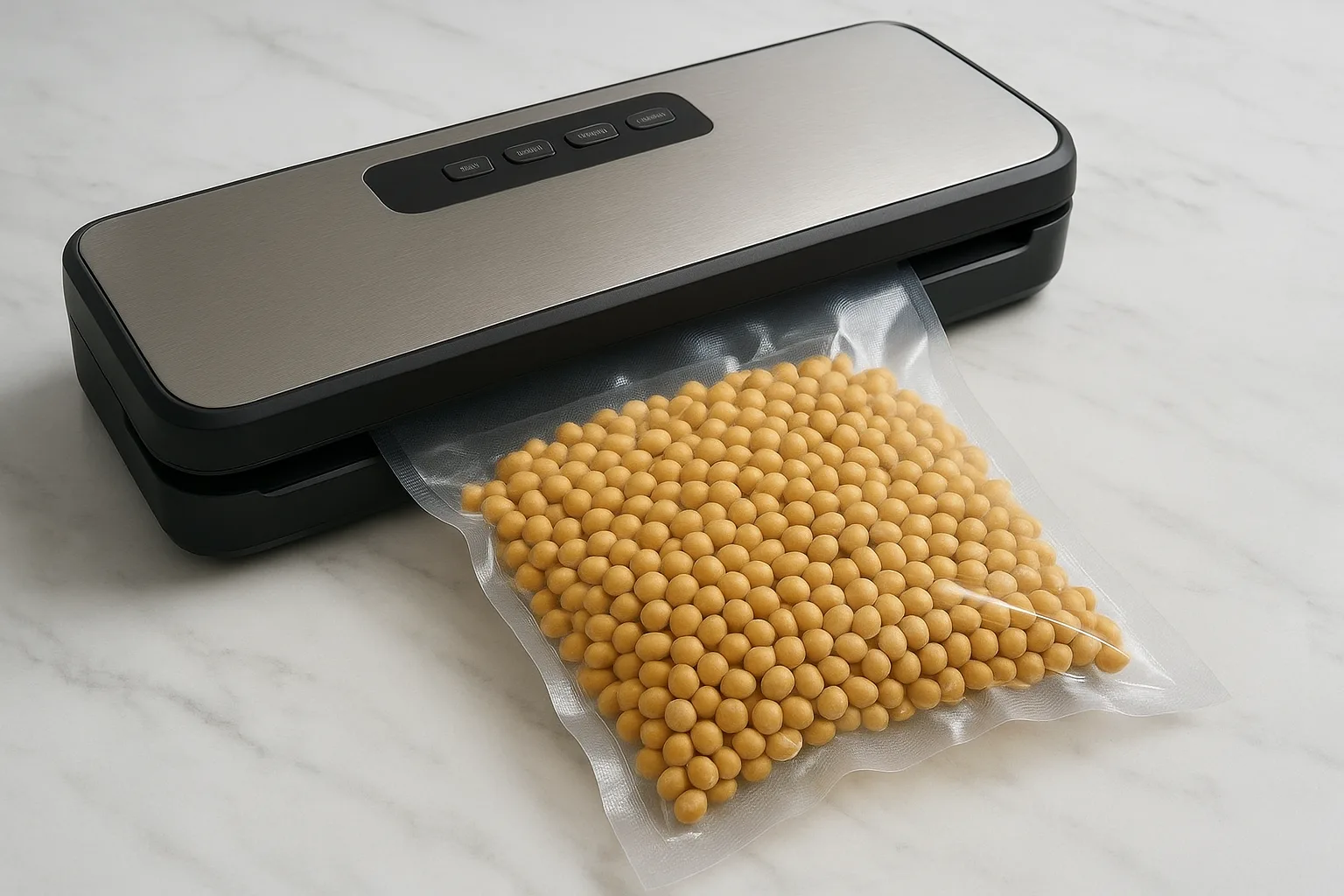 대리석 조리대 위에서 기계를 사용하여 콩이 든 비닐을 공기 없이 팽팽하게 밀봉하고 있는 과정입니다.