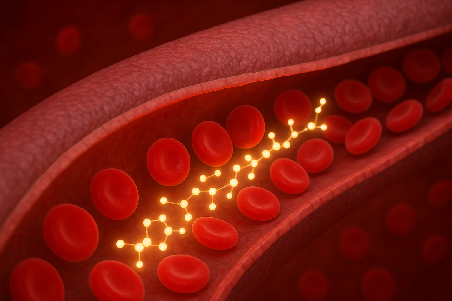 혈관 내부로 유입된 콩 펩타이드가 내피세포와 상호작용하여 원활한 혈류 흐름을 돕는 과정을 보여주는 그래픽입니다.