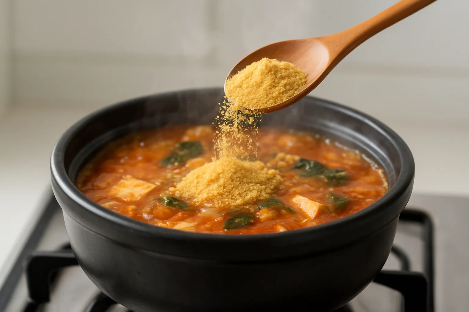 끓고 있는 찌개에 숟가락으로 노란 콩가루를 조심스럽게 넣는 조리 과정