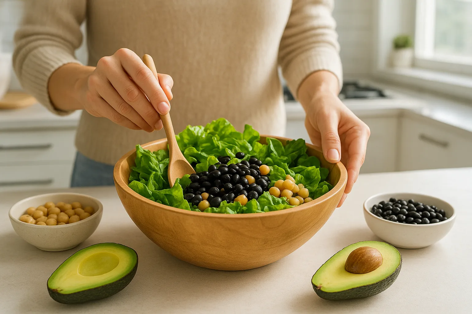 신선한 채소와 삶은 검은콩 병아리콩을 활용해 영양가 높은 식단을 준비하는 조리 과정