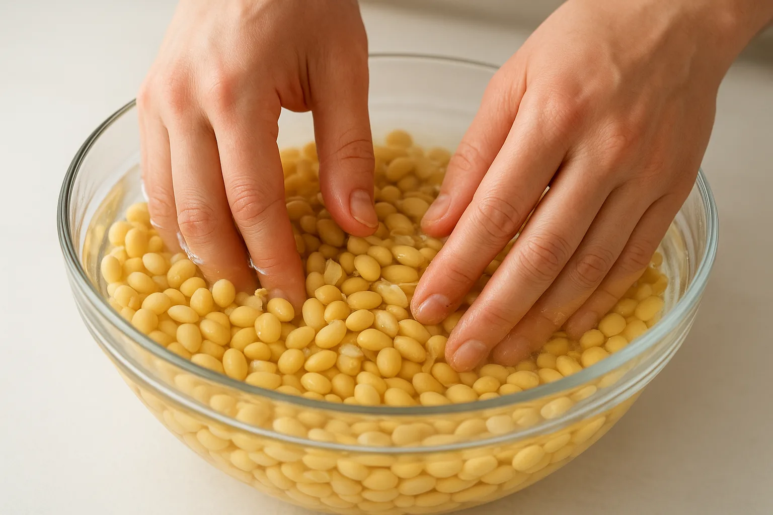 물에 충분히 불린 콩의 껍질을 벗겨내며 조리를 준비하는 과정입니다.